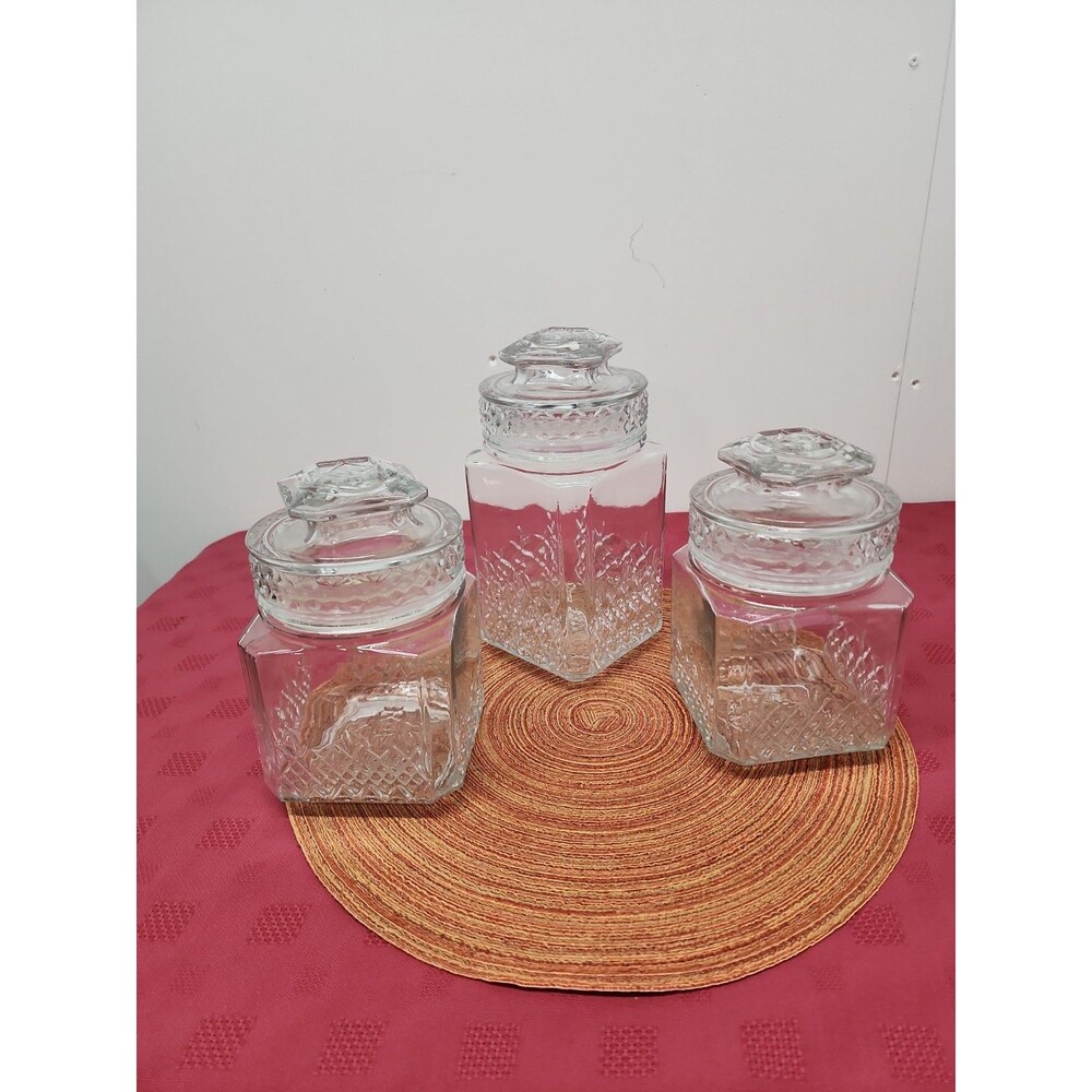 VintageKoeze's Apothecary/Cannister Jars W Gaskets Set Of 3Diamond Pattern 1980s - Picture 2 of 12